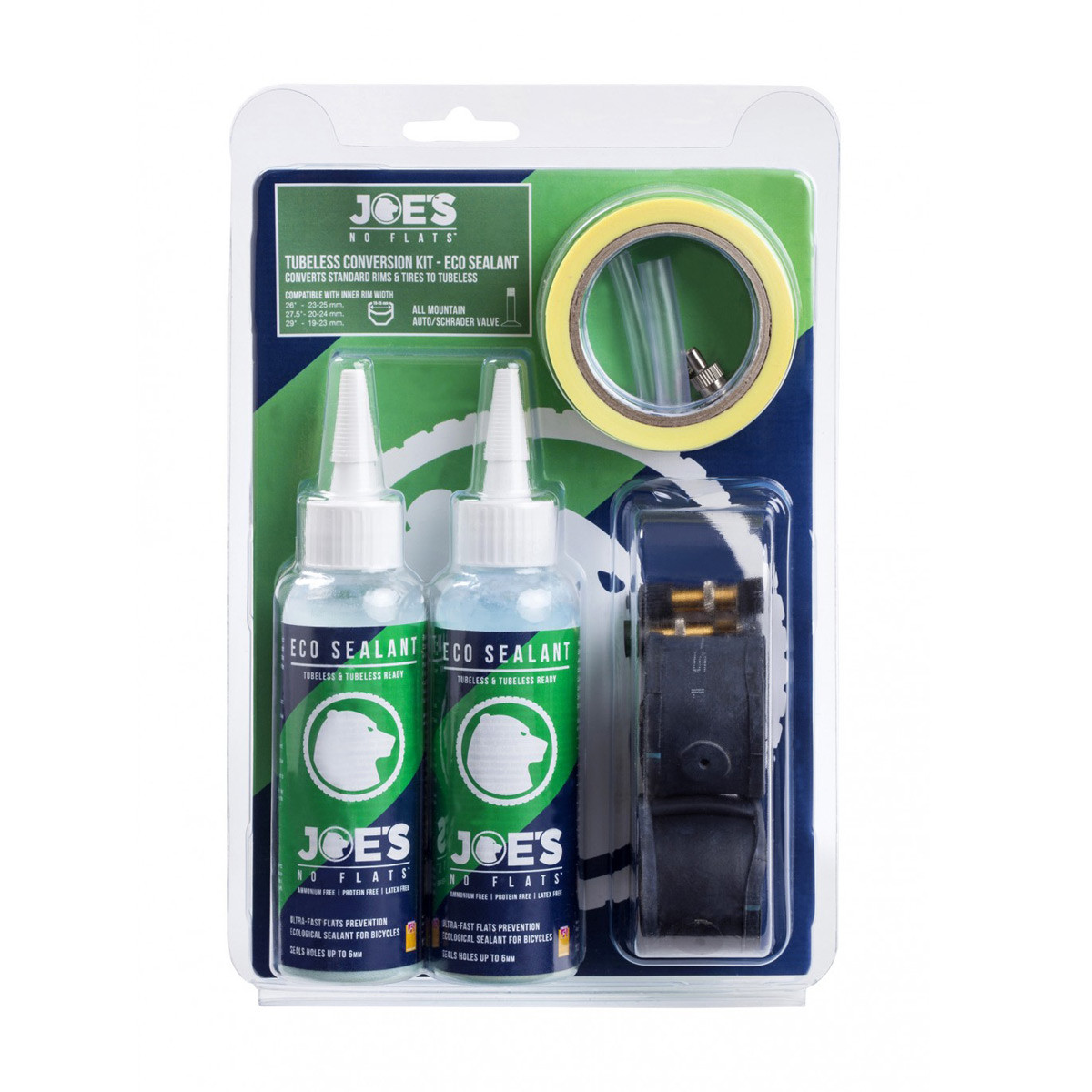 Tubeless Kit JOE´S Eco Sealant, racerventil, 17-19mm fälgar